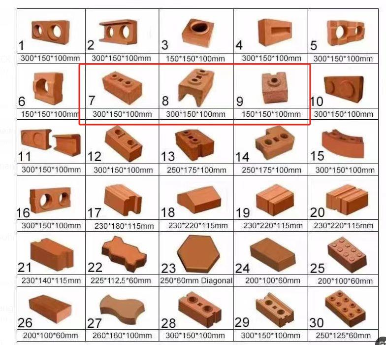 30 formes de briques d'argile standard disponibles avec le NT7-10